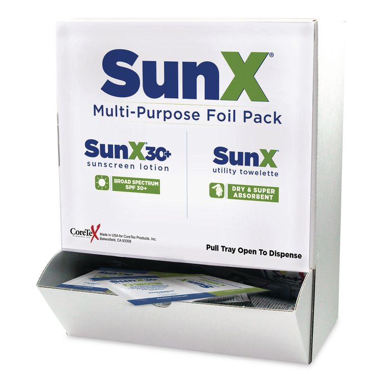 SunX30 Sunscreen Lotion and Wipe Packet with Dispenser Box, 0.25 oz, 50 Packets