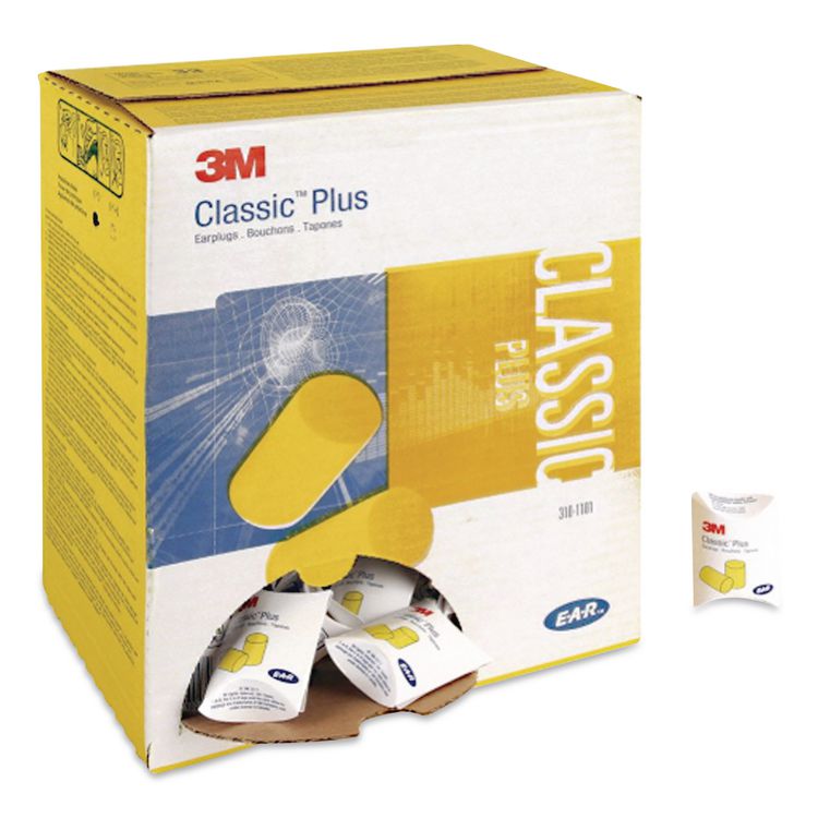 E-A-RClassic Plus Earplugs, 33 dB NRR, Large, Yellow Cylindrical Plugs, 200 Pairs/Box