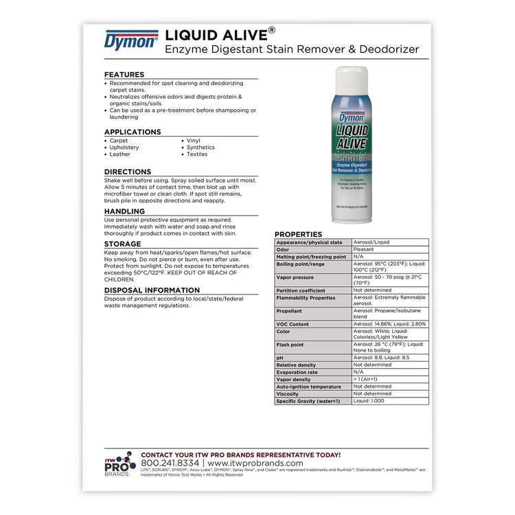 LIQUID ALIVE Enzyme Digestant Carpet and Textile Cleaner/Deodorizer, 18 oz Aerosol Spray, 12/Carton