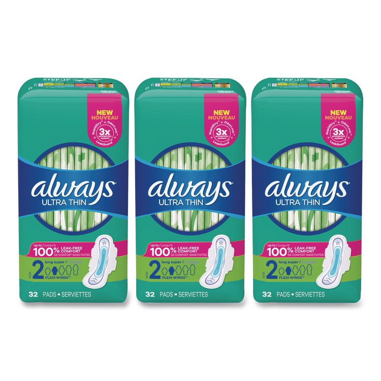 Ultra Thin Pads with Wings, Size 2, Super Long Absorbency, 32/Pack, 3 Packs/Carton
