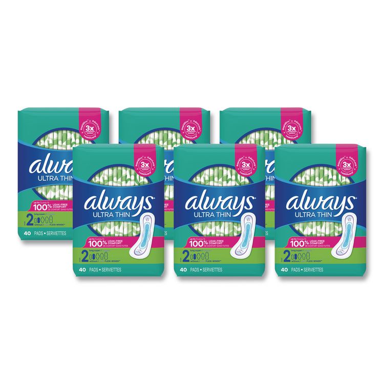 Ultra Thin Pads, Size 2, Super Long Absorbency, 40/Pack, 6 Packs/Carton