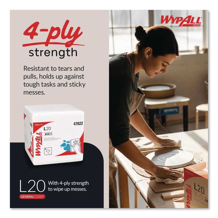 L20 Towels, 1/4 Fold, 4-Ply, 12.5 x 12 Unscented, White, 68/Pack, 12 Packs/Carton