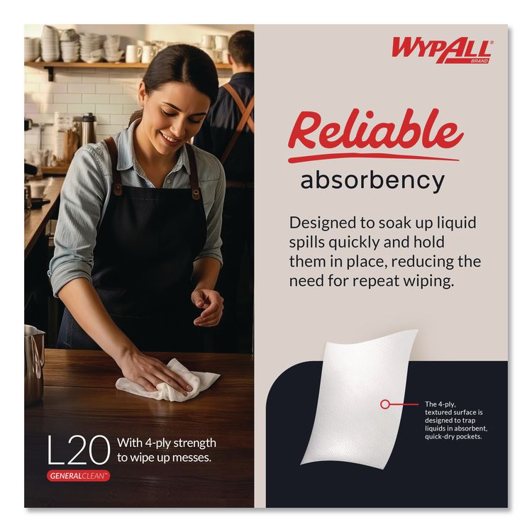 L20 Towels, 1/4 Fold, 4-Ply, 12.5 x 12 Unscented, White, 68/Pack, 12 Packs/Carton