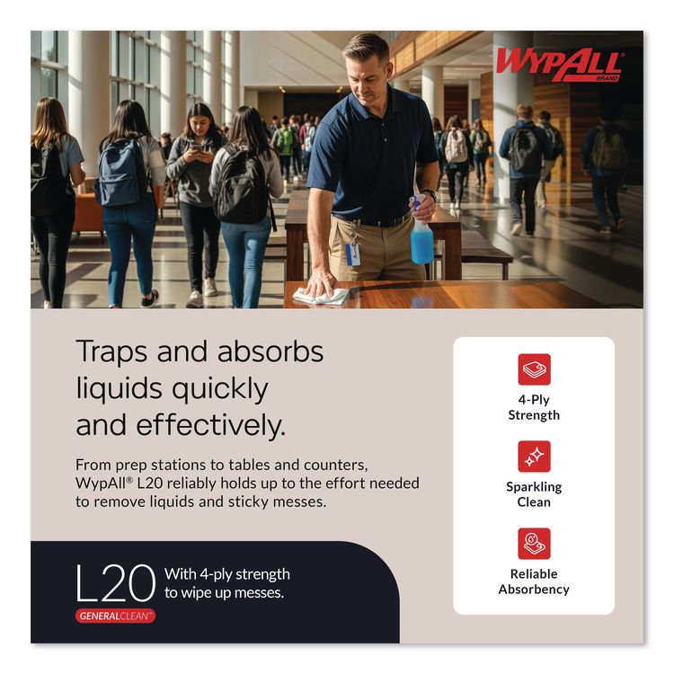 L20 Towels, 1/4 Fold, 4-Ply, 12.5 x 12 Unscented, White, 68/Pack, 12 Packs/Carton