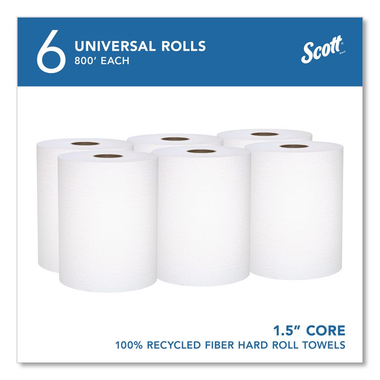 Universal 100% Recycled Fiber Hard Roll Paper Towels, 1-Ply, 8" x 800 ft, White, 6 Rolls/Carton