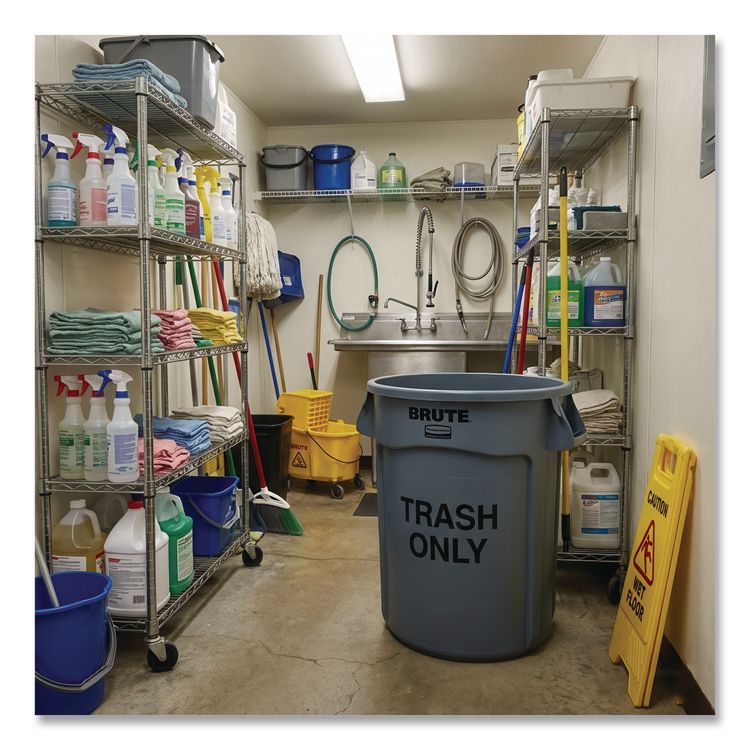 Vented Round Brute Container, "Trash Only" Imprint, 32 gal, Plastic, Gray