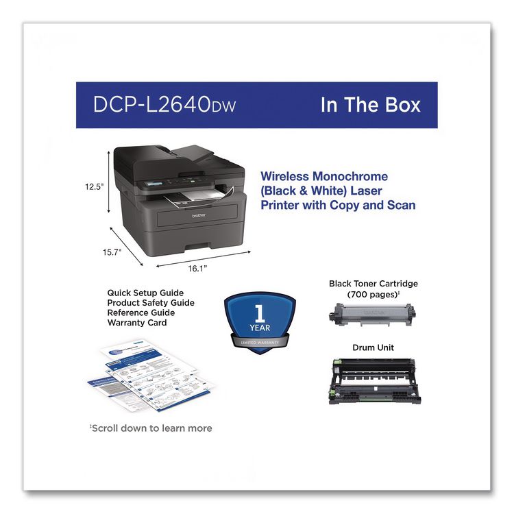 DCP-L2640DW Wireless Compact Monochrome Multifunction Laser Printer, Copy/Print/Scan