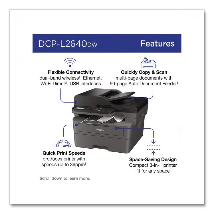 DCP-L2640DW Wireless Compact Monochrome Multifunction Laser Printer, Copy/Print/Scan