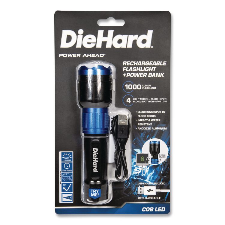 DieHard USB-C Rechargeable Flashlight and Power Bank, Lithium Ion Rechargeable Battery (Included), Black/Blue