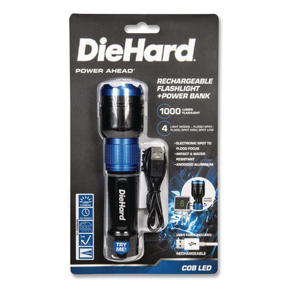 DieHard USB-C Rechargeable Flashlight and Power Bank, Lithium Ion Rechargeable Battery (Included), Black/Blue