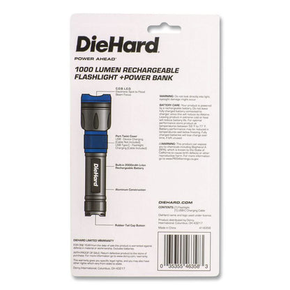 DieHard USB-C Rechargeable Flashlight and Power Bank, Lithium Ion Rechargeable Battery (Included), Black/Blue