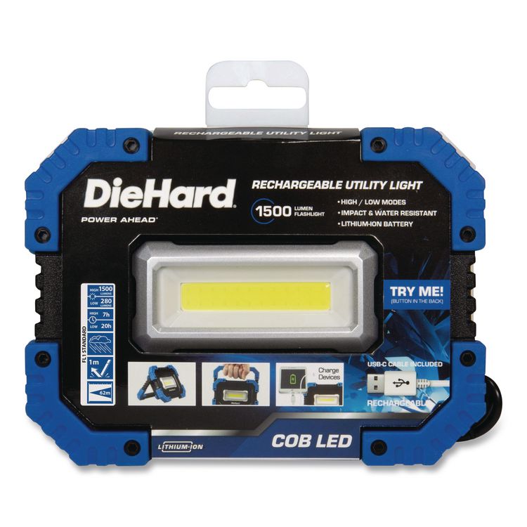 DieHard Rechargeable Utility Work Light with Power Bank, Lithium Ion Rechargeable Battery (Included), Black/Blue