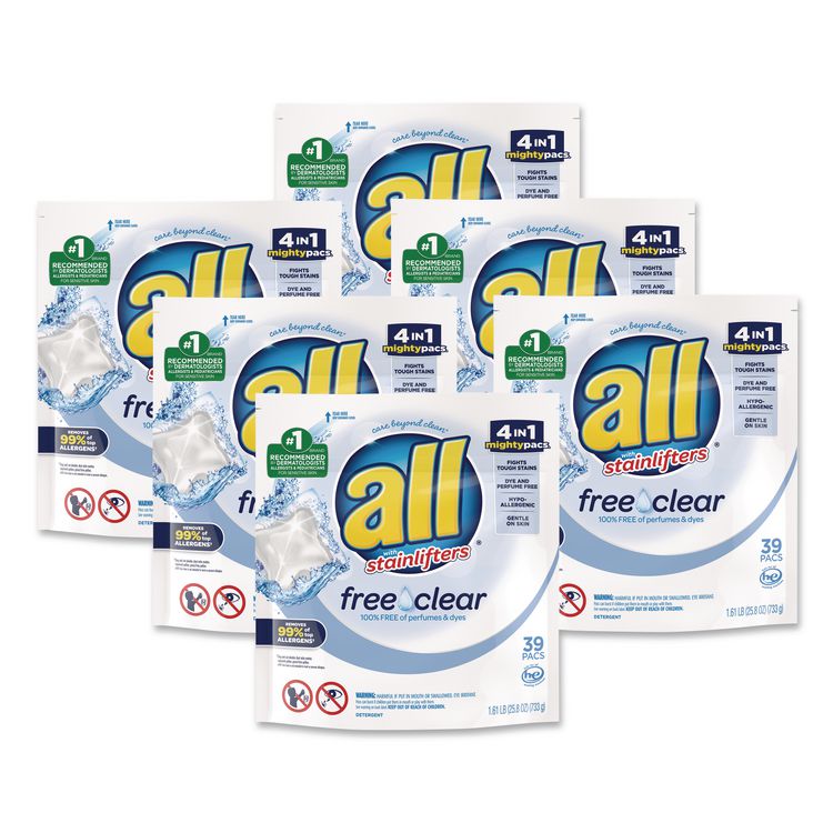 MIGHTY PACS Free Clear Super Concentrated HE Laundry Detergent, 39/Pack, 6 Packs/Carton