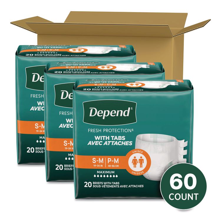 Incontinence Protection with Tabs, Small/Medium, 19" to 34" Waist, 20/Pack, 3 Packs/Carton