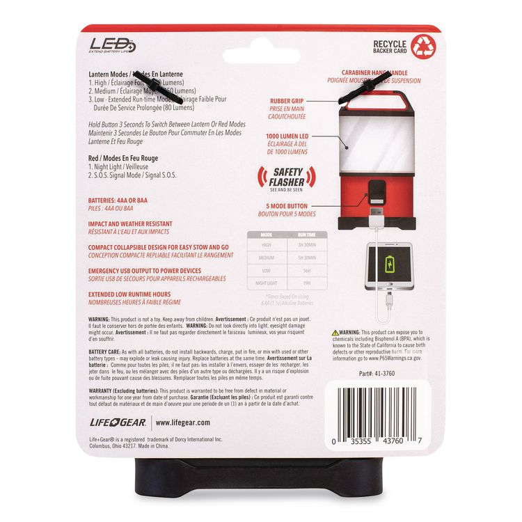 LifeGear Stormproof Stow Away Lantern, 4 AA Batteries (Included), Red