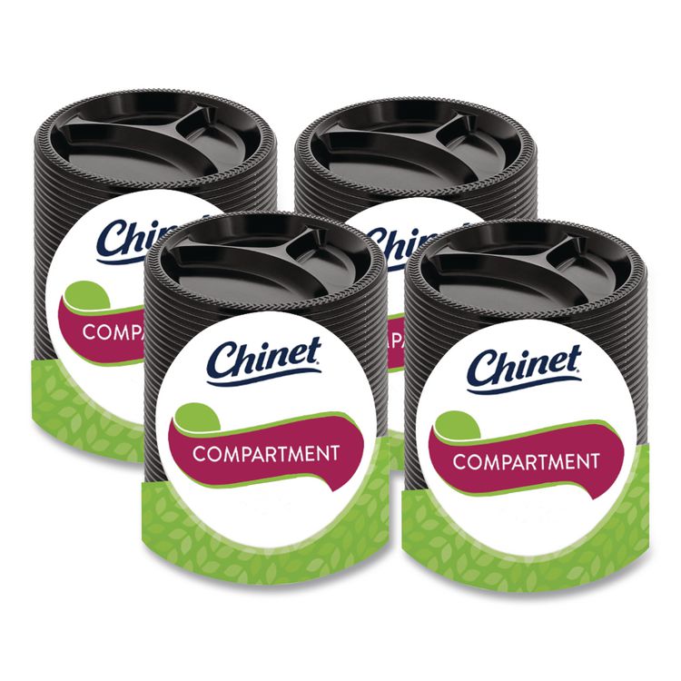 Heavyweight Plastic 3-Compartment Plates, 10.25" dia, Black, 125/Pack, 4 Packs/Carton