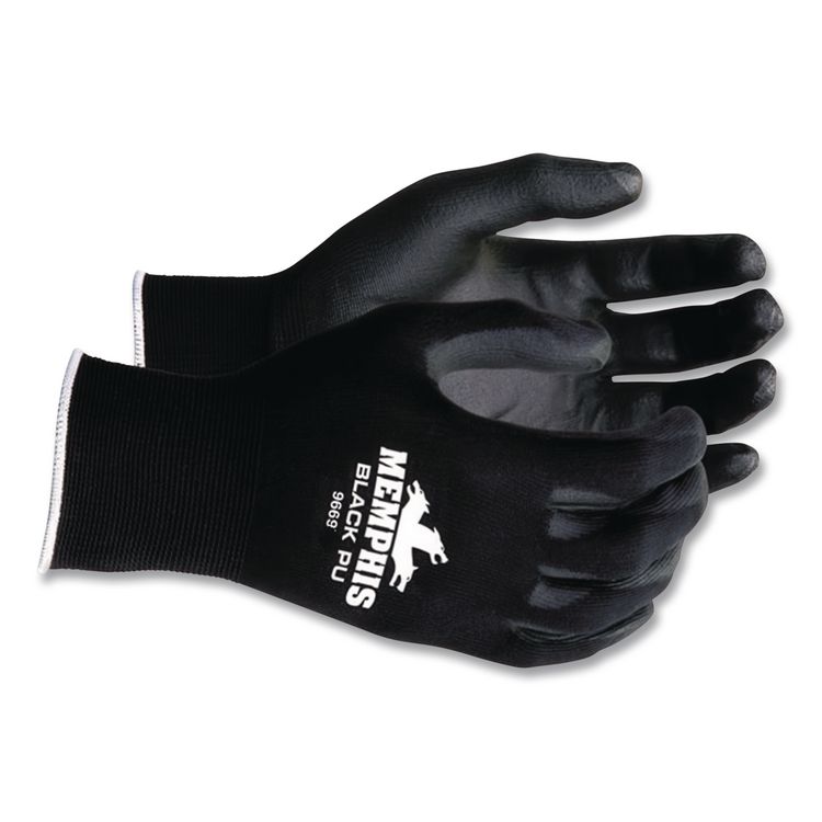 Economy PU Coated Work Gloves, EN388: 2121, 12" Long, Large, Black, 12 Pairs