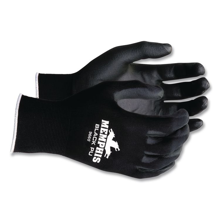 Economy PU Coated Work Gloves, EN388: 2121, 12" Long, Medium, Black, 12 Pairs