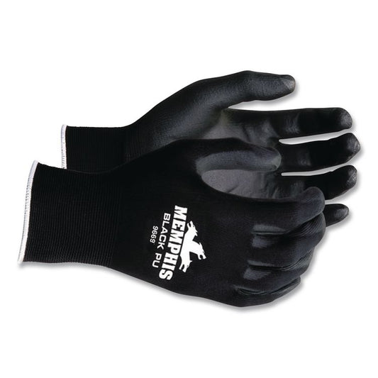 Economy PU Coated Work Gloves, EN388: 2121, 12" Long, Medium, Black, 12 Pairs