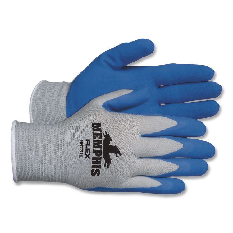 Memphis Flex Latex-Coated Seamless Nylon Knit Gloves, EN388: 3131, Medium, Blue/Gray, Pair