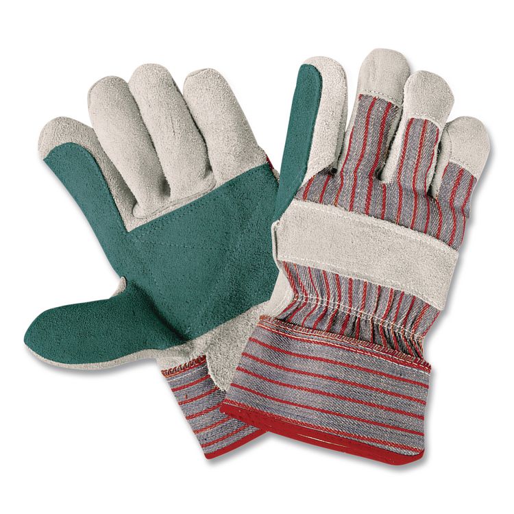 Men's Economy Leather Gloves, Jointed Double Leather Palm, Gunn Cut, Wing Thumb, Large, White/Red, 12 Pairs