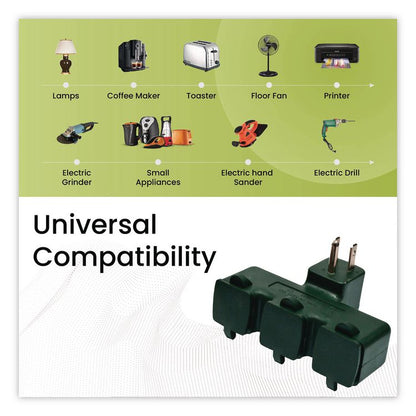3-Outlet Tri Tap Adapter with Covers, 3 Outlets, Green