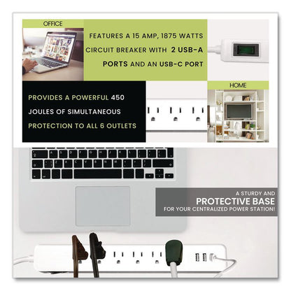 6 Outlet Surge Protector with USB, 6 AC Outlets/3 USB Ports, 6 ft Cord, 450 J, White