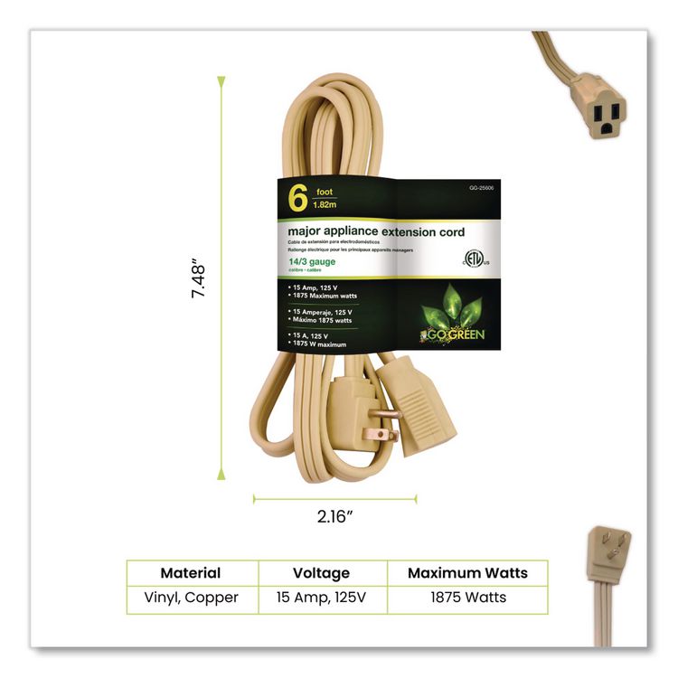 Appliance Cords, 6 ft, 15 A, Beige