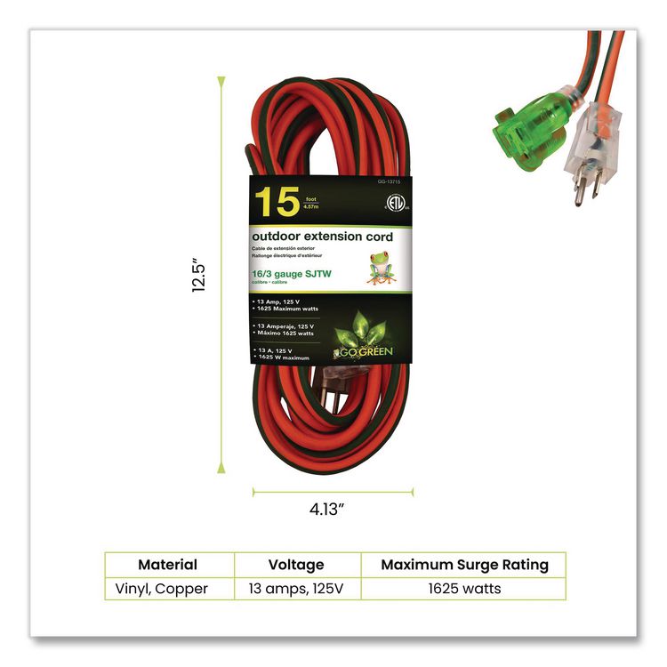 16 AWG Extension Cord Lighted End, 15 ft, 13 A, Orange