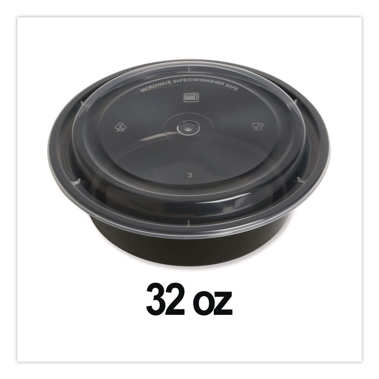 Microwavable Food Container with Lid, Round, 32 oz, 7.28 x 7.28 x 2.55, Black/Clear, Plastic, 150/Carton