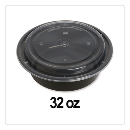 Microwavable Food Container with Lid, Round, 32 oz, 7.28 x 7.28 x 2.55, Black/Clear, Plastic, 150/Carton