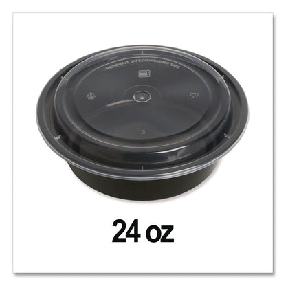 Microwavable Food Container with Lid, Round, 24 oz, 7.28 x 7.28 x 1.96, Black/Clear, Plastic, 150/Carton