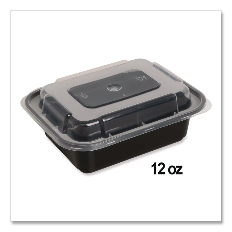 Microwavable Food Container with Lid, Rectangular, 12 oz, 5.78 x 4.52 x 2.24, Black/Clear, Plastic, 150/Carton