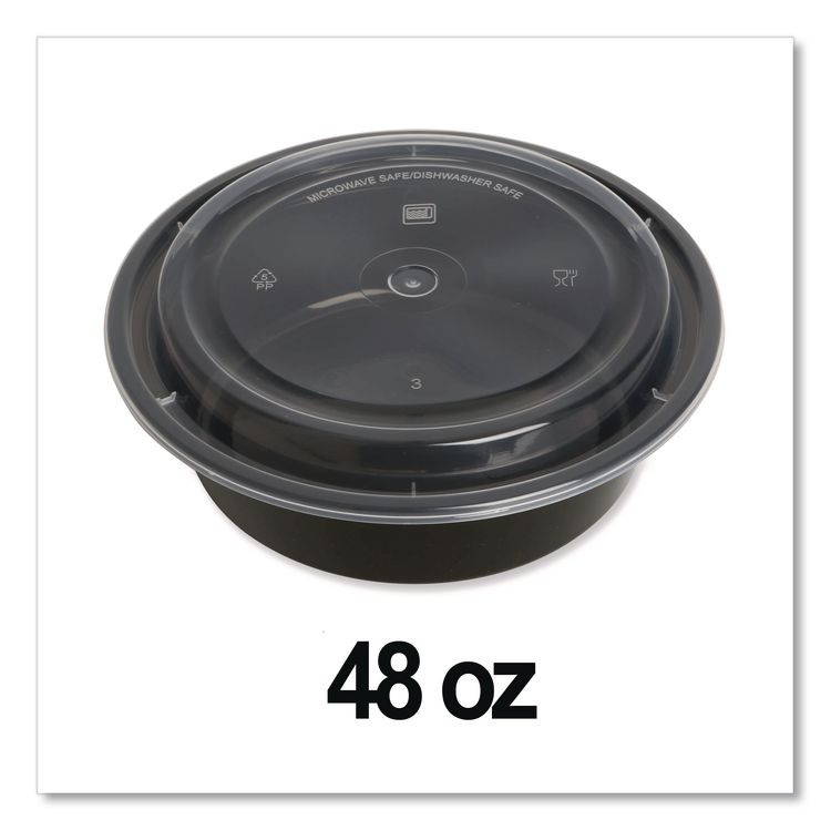 Microwavable Food Container with Lid, Round, 48 oz, 8.85 x 8.85 x 2.24, Black/Clear, Plastic, 150/Carton