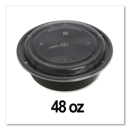 Microwavable Food Container with Lid, Round, 48 oz, 8.85 x 8.85 x 2.24, Black/Clear, Plastic, 150/Carton