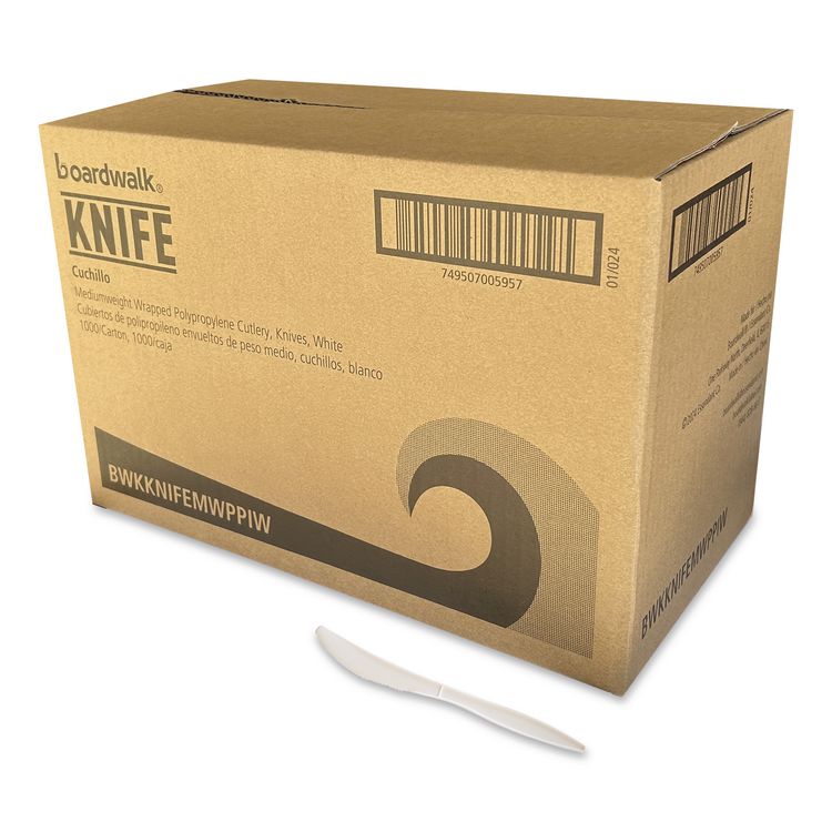 Mediumweight Wrapped Polypropylene Cutlery, Knife, 5.86", Plastic, White, 1,000/Carton