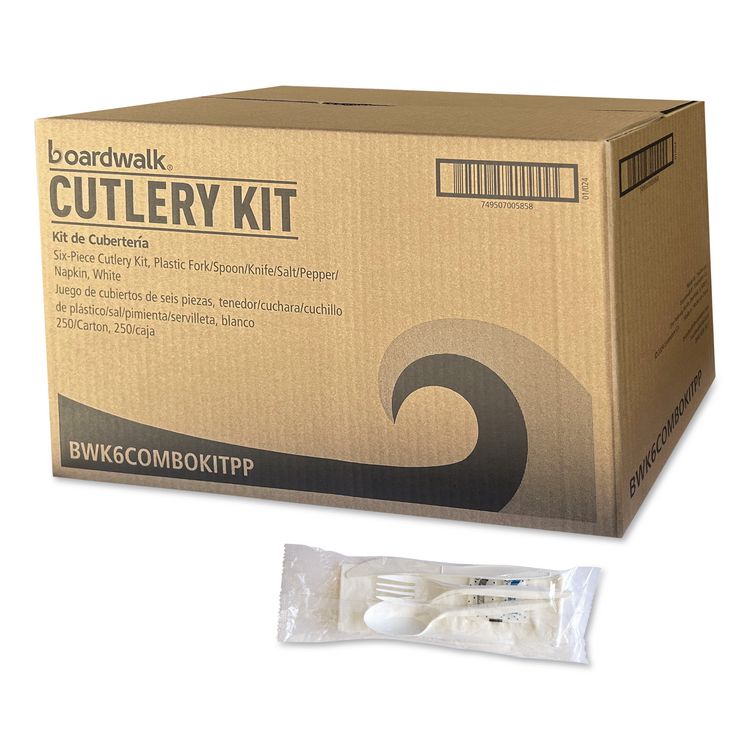 Six-Piece Cutlery Kit, Mediumweight, Fork/Knife/Napkin/Pepper/Salt/Spoon, 5.86", Plastic, White, 250/Carton