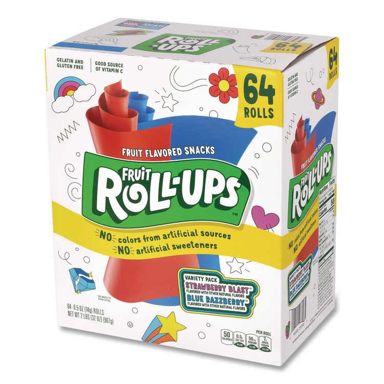 Fruit Roll-Ups Fruit Snacks Variety Pack, Strawberry Blast/Blue Raspberry Flavors, 0.5 oz, 64 Pouches/Carton