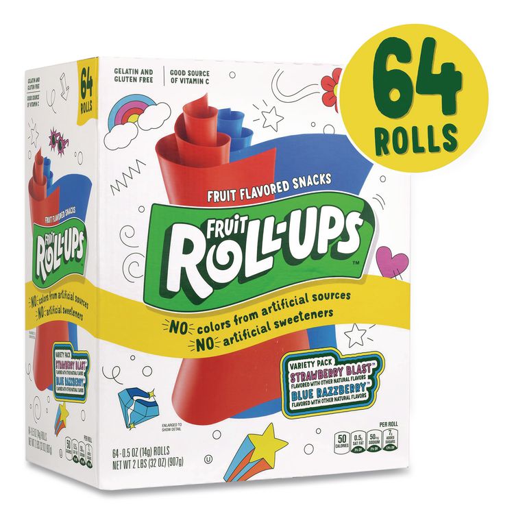 Fruit Roll-Ups Fruit Snacks Variety Pack, Strawberry Blast/Blue Raspberry Flavors, 0.5 oz, 64 Pouches/Carton