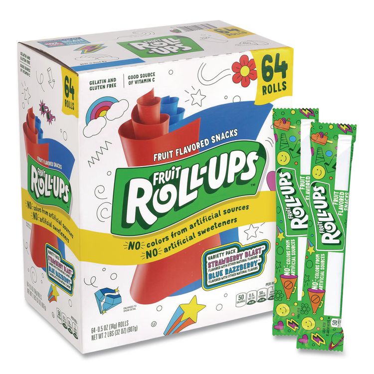 Fruit Roll-Ups Fruit Snacks Variety Pack, Strawberry Blast/Blue Raspberry Flavors, 0.5 oz, 64 Pouches/Carton