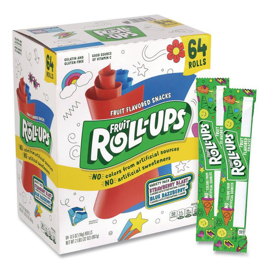 Fruit Roll-Ups Fruit Snacks Variety Pack, Strawberry Blast/Blue Raspberry Flavors, 0.5 oz, 64 Pouches/Carton