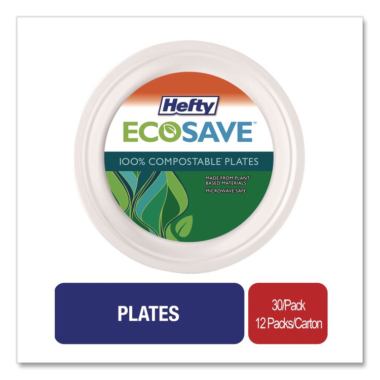 ECOSAVE Tableware, Plate, Sugarcane, 6.75" dia, White, 30/Pack, 12 Packs/Carton