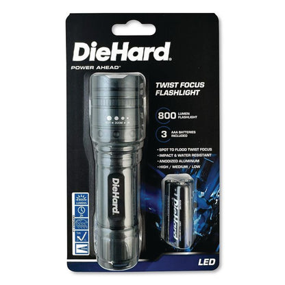 DieHard Twist Focus Aluminum 800 Lumen Flashlight, 3 AAA (Batteries (Included), Gray