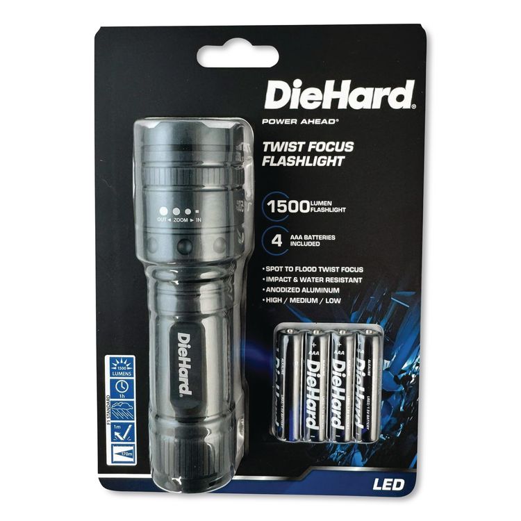 DieHard Twist Focus Aluminum 1,500 Lumen Flashlight, 4 AAA Batteries (Included), Gray