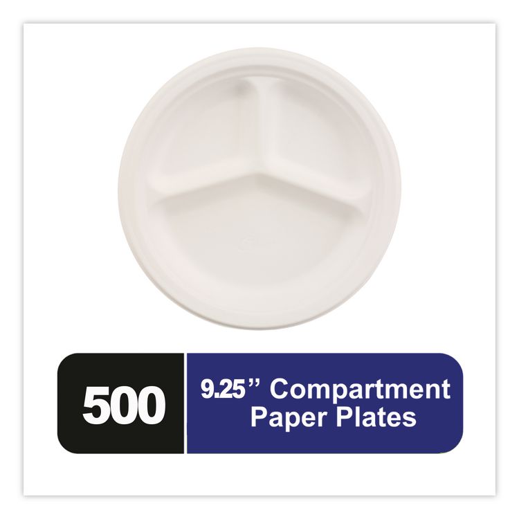 Paper Dinnerware, 3-Compartment Plate, 9.25" dia, White, 500/Carton