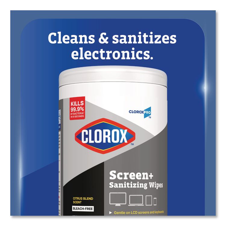 CloroxPro ScreenPlus Screen Sanitizing Wipes, 6 x 8, Citrus Blend, White, 75/Canister, 6 Canisters/Carton
