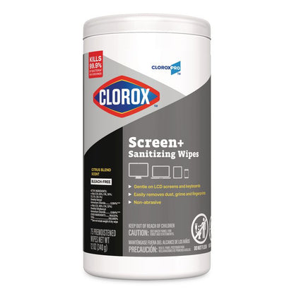 CloroxPro ScreenPlus Screen Sanitizing Wipes, 6 x 8, Citrus Blend, White, 75/Canister, 6 Canisters/Carton