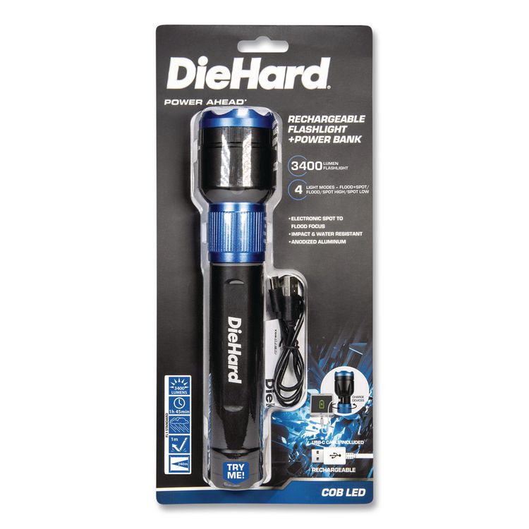 DieHard USB-C Rechargeable Aluminum Flashlight and Power Bank, Black