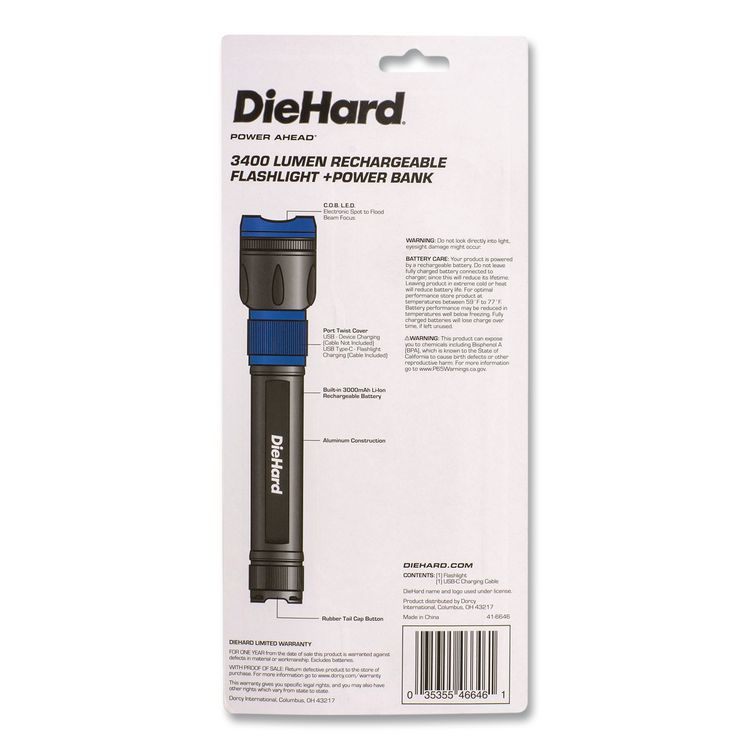 DieHard USB-C Rechargeable Aluminum Flashlight and Power Bank, Black