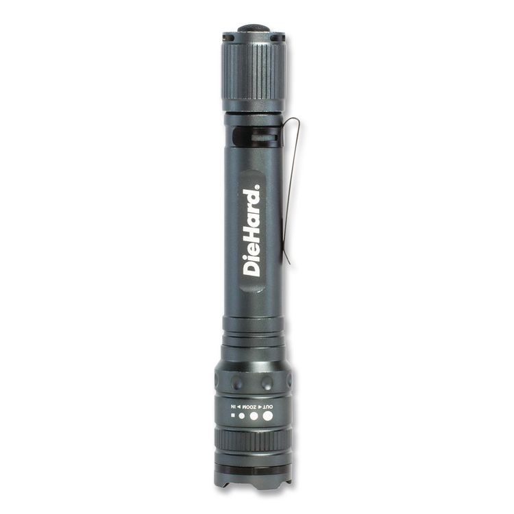 DieHard Aluminum 270 Lumen Twist Focus Flashlight with Pocket Clip, 2 AA Batteries (Included), Black